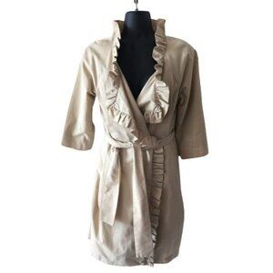 JCrew Womens Ruffle Trim Khaki Cream Tie Waist Belted Trench Coat Size 4